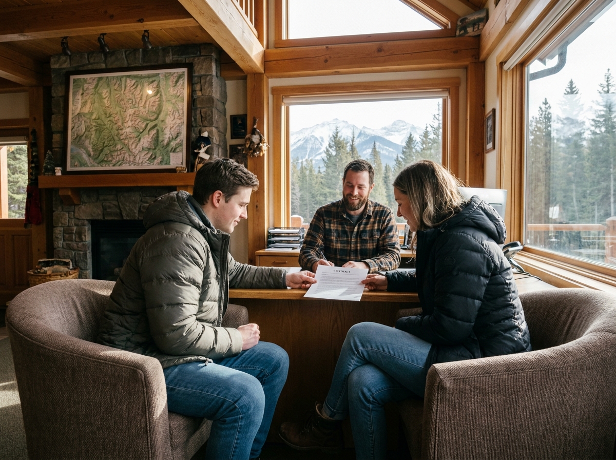 Jeune couple dans agence immobiliere en montagne enneigee