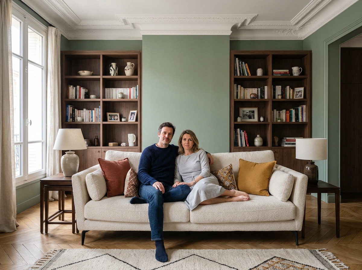 Couple dans un appartement haussmannien aménagé avec goût à Toulouse, intérieur redessiné et décoration raffinée