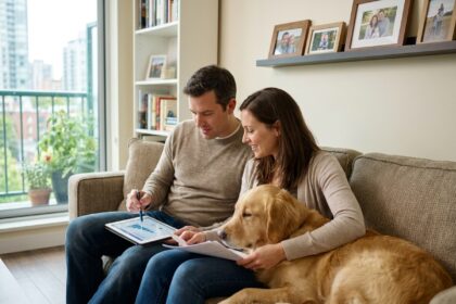 Couple qui étudie une assurance pour chien en consultant un contrat et une tablette numérique dans leur salon avec leur golden retriever