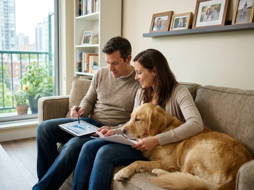 Couple qui étudie une assurance pour chien en consultant un contrat et une tablette numérique dans leur salon avec leur golden retriever