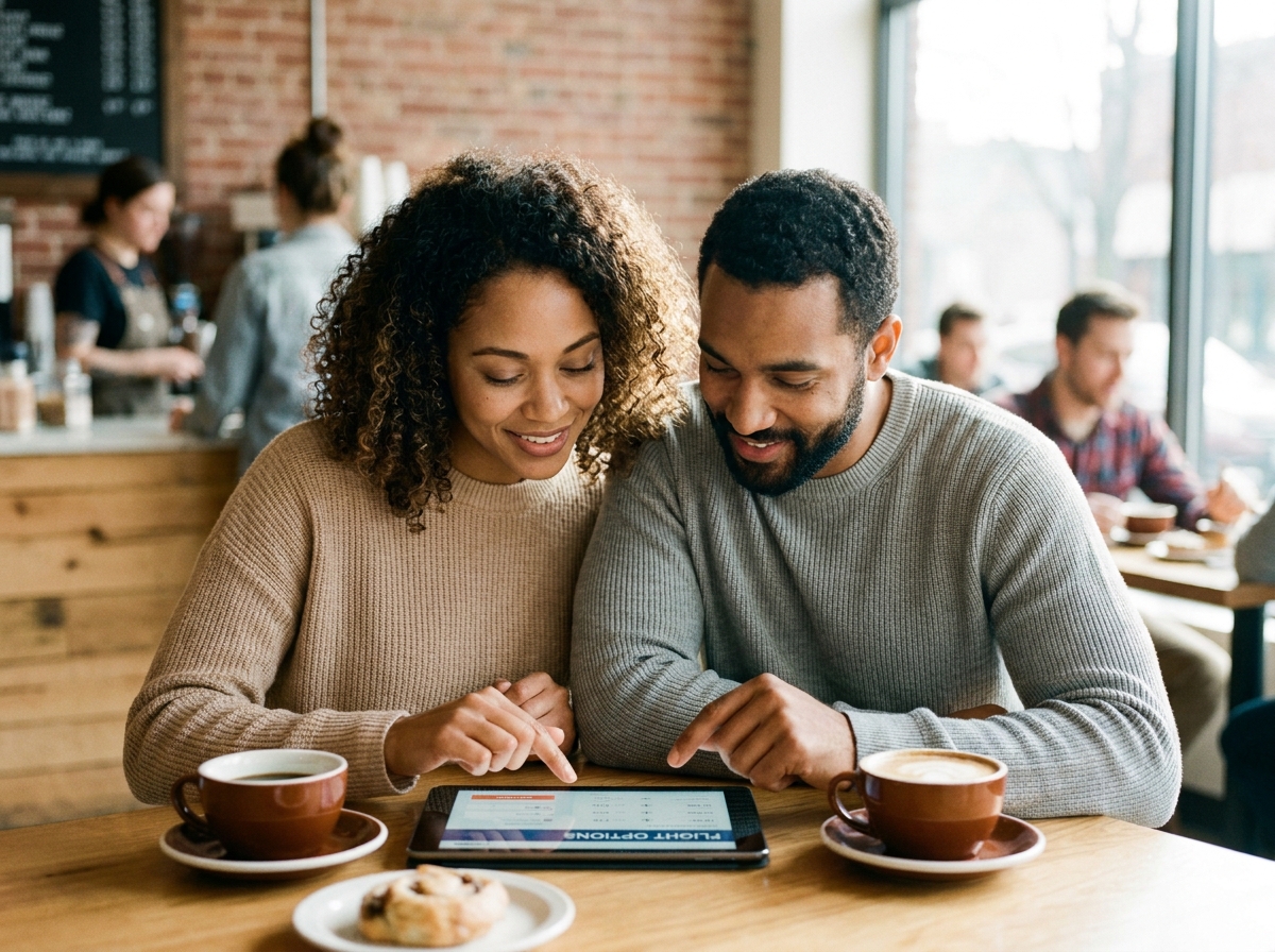 Couple à la terrasse d'un café planifiant un voyage en trouvant des vols bon marché sur tablette