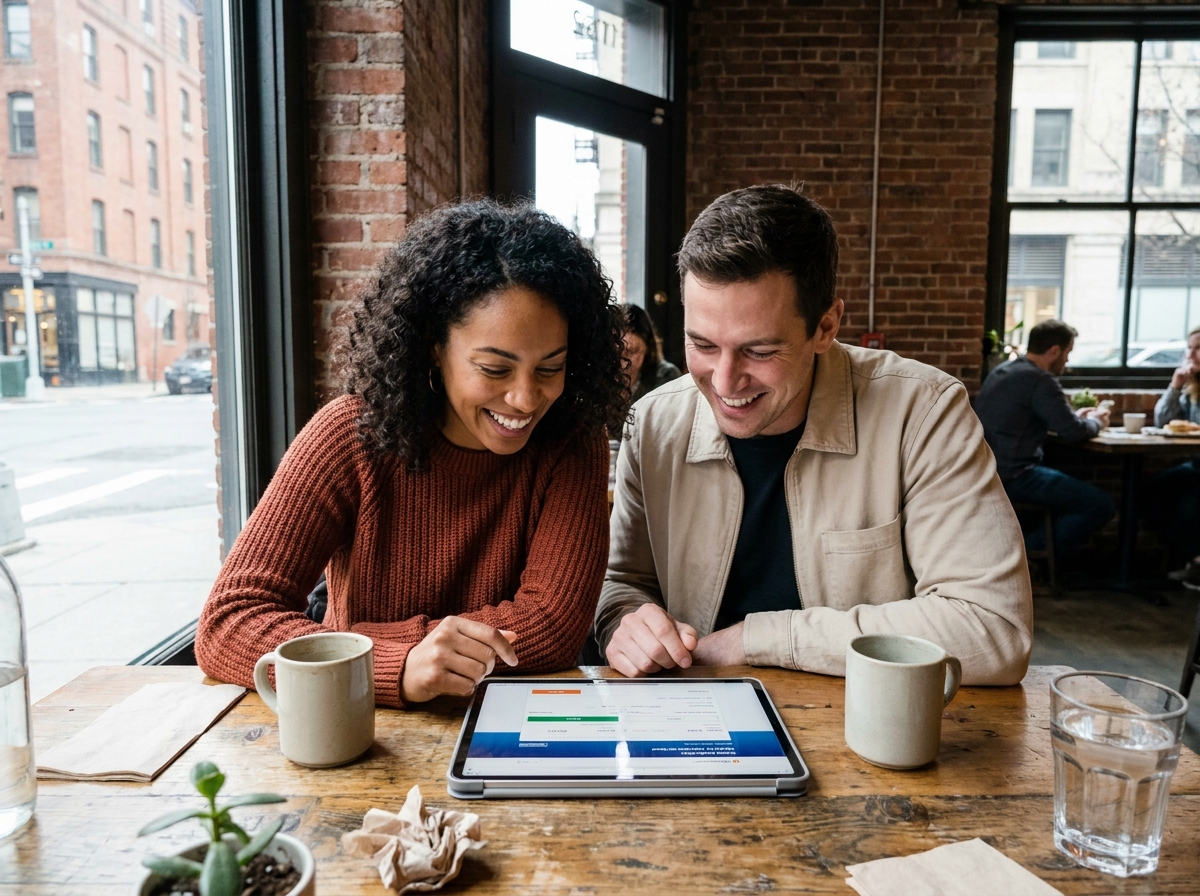 Couple au cafe comparant les prix des vols d'avion sur une tablette tactile
