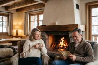 Couple détendu au coin du feu dans un authentique chalet de montagne avec intérieur rustique en bois