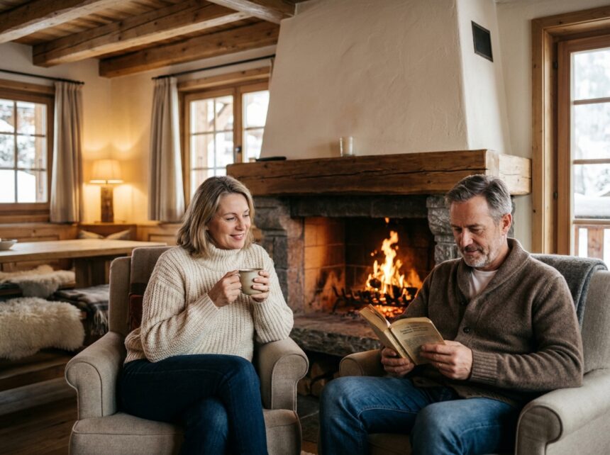 Couple détendu au coin du feu dans un authentique chalet de montagne avec intérieur rustique en bois