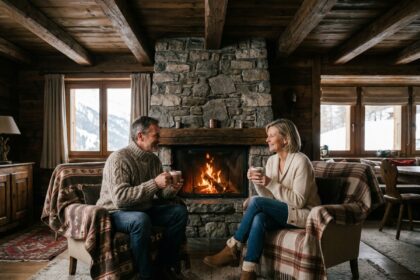 Couple dans un chalet alpin traditionnel buvant du chocolat chaud devant une cheminée en pierre, atmosphère cosy et chaleureuse