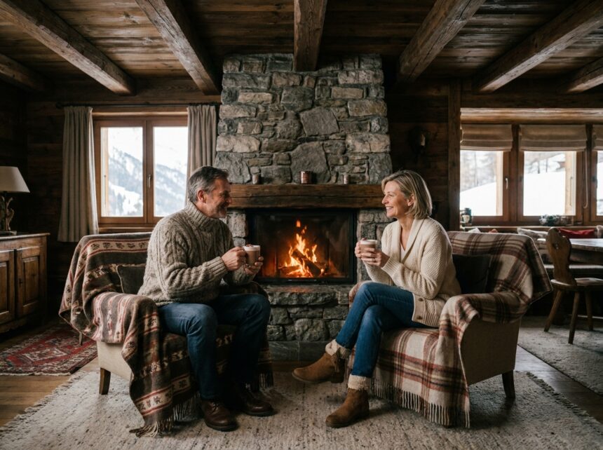 Couple dans un chalet alpin traditionnel buvant du chocolat chaud devant une cheminée en pierre, atmosphère cosy et chaleureuse