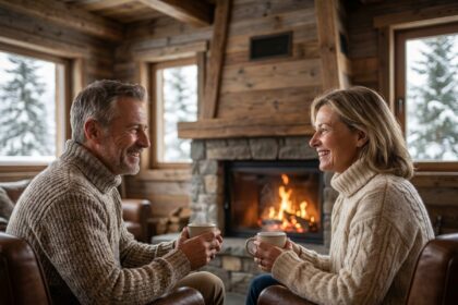 Couple cosy dans un chalet montagne devant une cheminée en pierre, boissons chaudes à la main, ambiance conviviale et chaleureuse