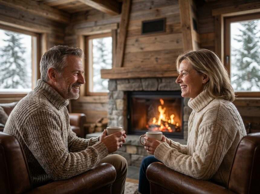 Couple cosy dans un chalet montagne devant une cheminée en pierre, boissons chaudes à la main, ambiance conviviale et chaleureuse
