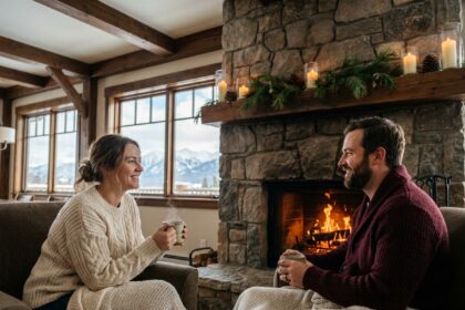 Couple détente au coin du feu dans un chalet en bois chaleureux, buvant du chocolat chaud avec vue sur les montagnes enneigées