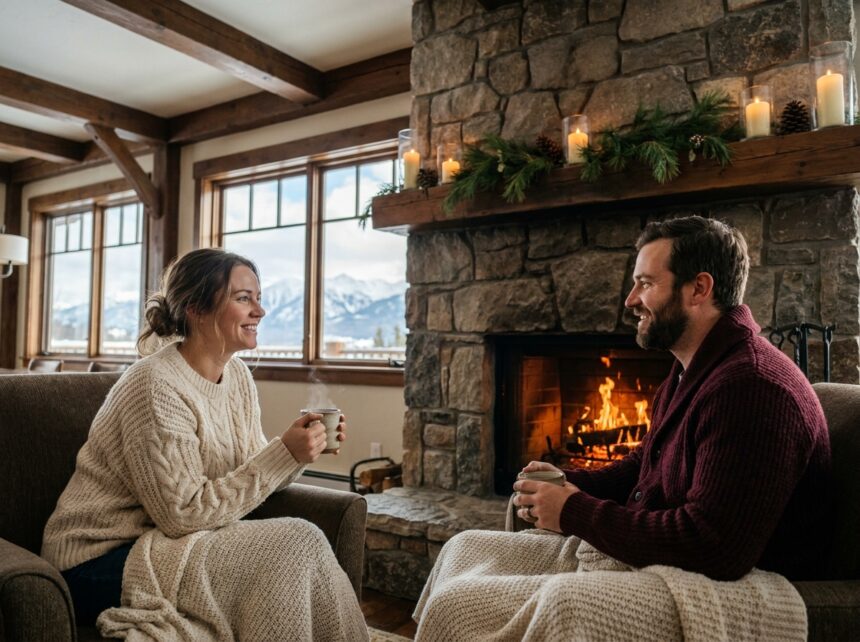 Couple détente au coin du feu dans un chalet en bois chaleureux, buvant du chocolat chaud avec vue sur les montagnes enneigées