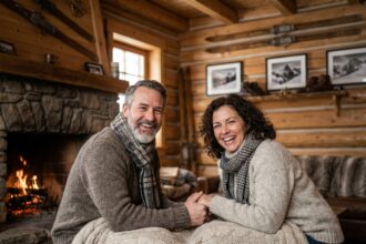 Couple souriant en pulls d'hiver dans un chalet alpin