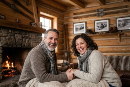 Couple souriant en pulls d'hiver dans un chalet alpin