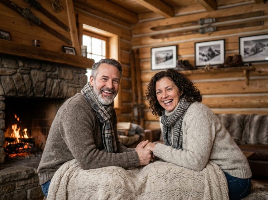 Couple souriant en pulls d'hiver dans un chalet alpin