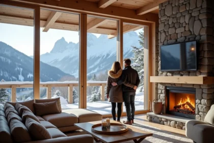 couple luxe dans chalet haut de gamme à la montagne avec vue panoramique sur les sommets enneigés