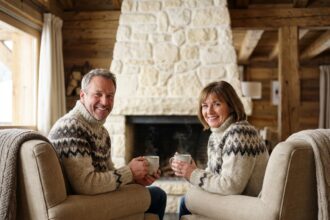 Couple détente chalet pierre foyer montagne vacances ski authentique