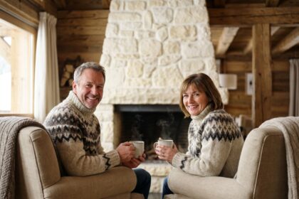 Couple détente chalet pierre foyer montagne vacances ski authentique