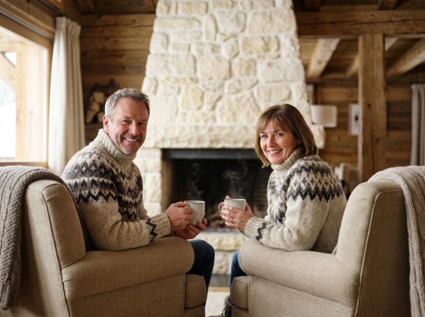 Couple détente chalet pierre foyer montagne vacances ski authentique