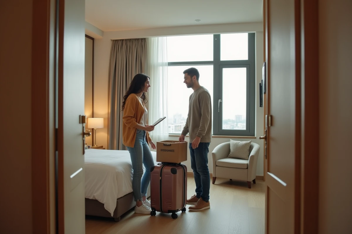 Jeune couple découvrent problèmes chambre hôtel Dubaï, défait valises, expression préoccupée, intérieur hôtel contemporain