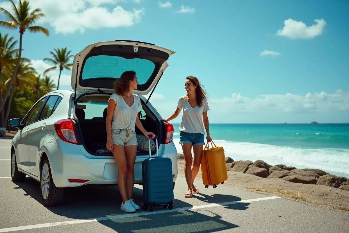 Couple chargeant leurs bagages dans une voiture de location près d'une plage de sable noir à La Réunion