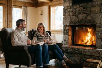 Couple mature détendu au coin du feu dans un vrai chalet alpin authentique avec poutres en bois et cheminée en pierre, boissons chaudes