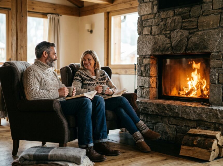 Couple mature détendu au coin du feu dans un vrai chalet alpin authentique avec poutres en bois et cheminée en pierre, boissons chaudes