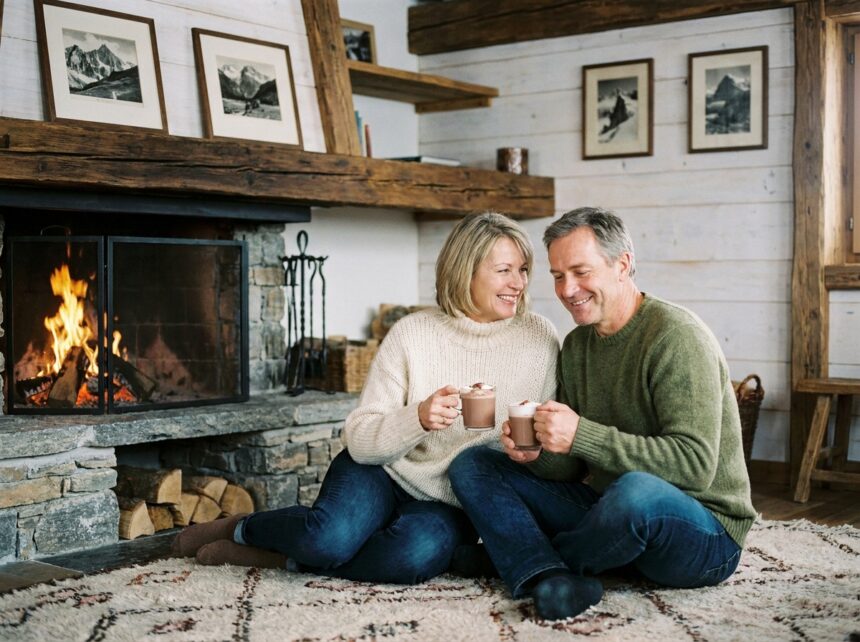 Couple en pull d'hiver assis près d'une cheminée en pierre dans un chalet montagnard chaleureux, tenant des tasses de chocolat chaud