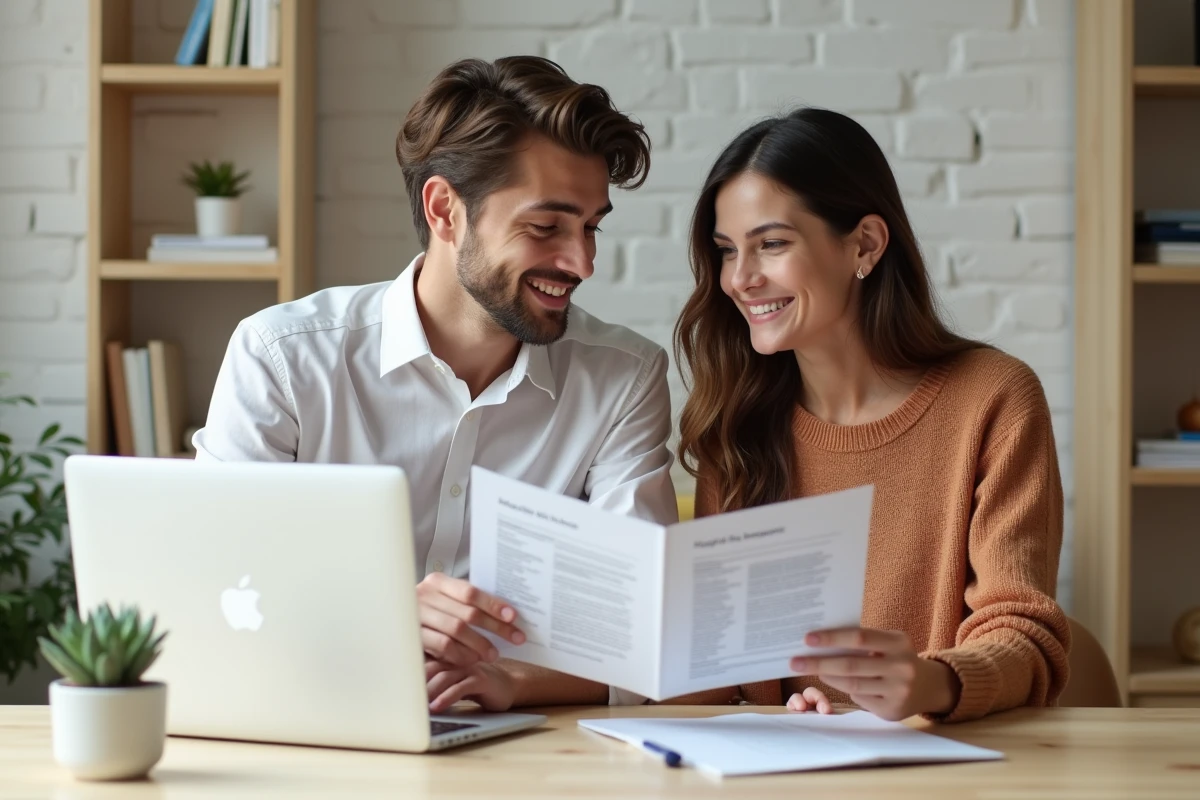 Couple comparant ensemble des offres de mutuelles santé sur un ordinateur portable dans un bureau à domicile épuré et moderne