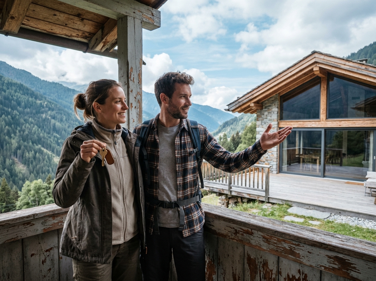 Jeune couple clés maison montagne chalet alpin forêt vallée