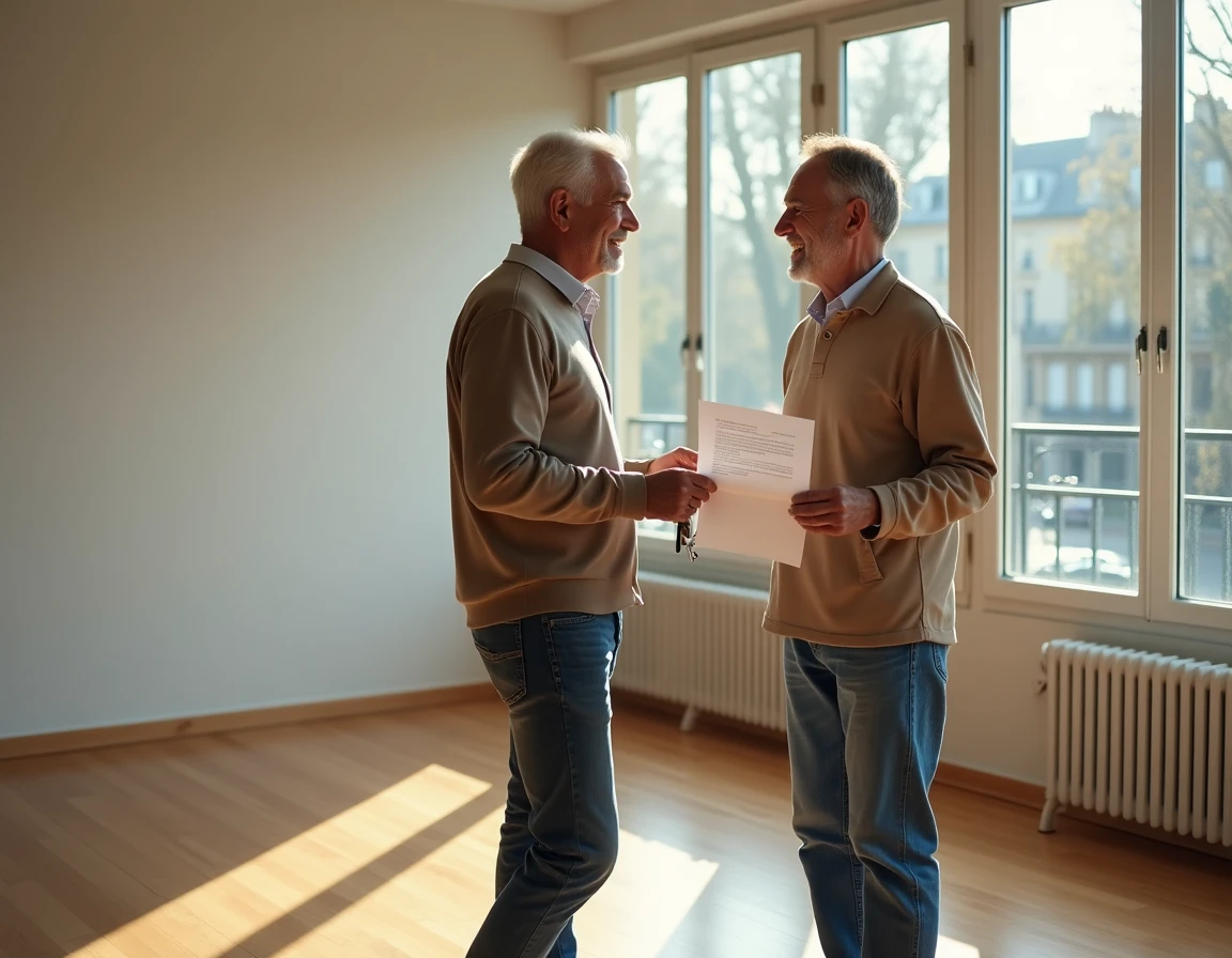 Couple heureux tenant les clés de leur nouvel appartement à Neuilly-sur-Seine avec vue sur les arbres parisiens