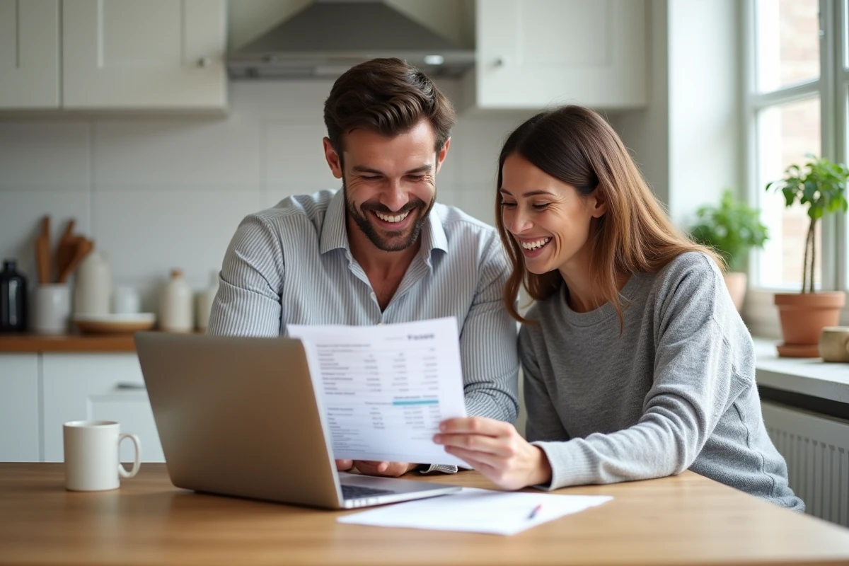 Couple comparant des offres d'assurance emprunteur à leur table de cuisine pour changer de contrat en 2026