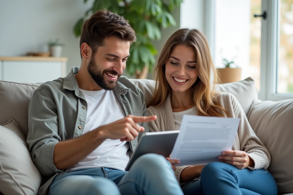 Couple comparant des offres d'assurance emprunteur en ligne pour changer de contrat sans attendre l'anniversaire