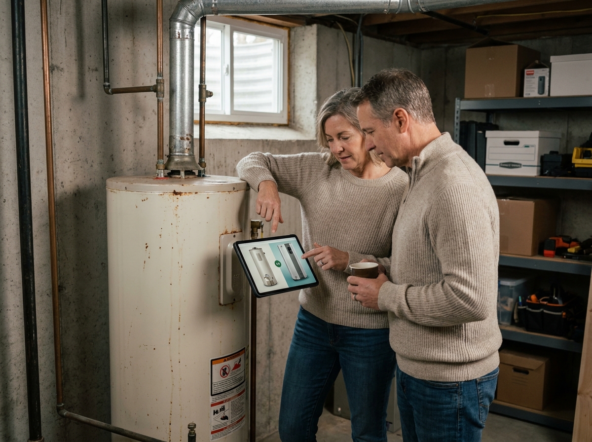 Couple examinant un ancien chauffe-eau traditionnel et comparant avec un modèle thermodynamique sur tablette dans leur sous-sol