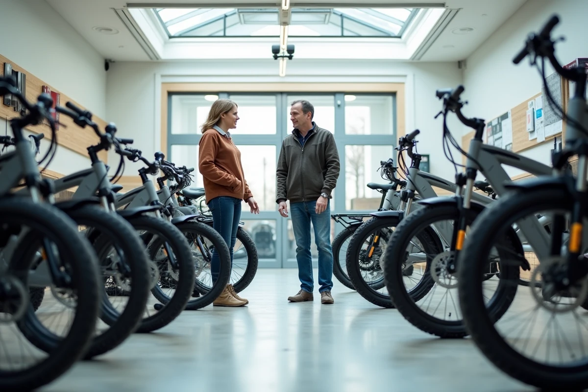 couple comparant plusieurs vélos électriques dans un showroom professionnel et lumineux