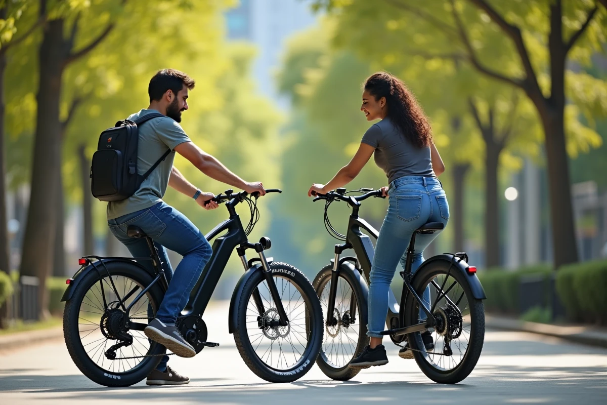 Couple comparant deux modèles de vélos électriques différents dans un magasin en plein air