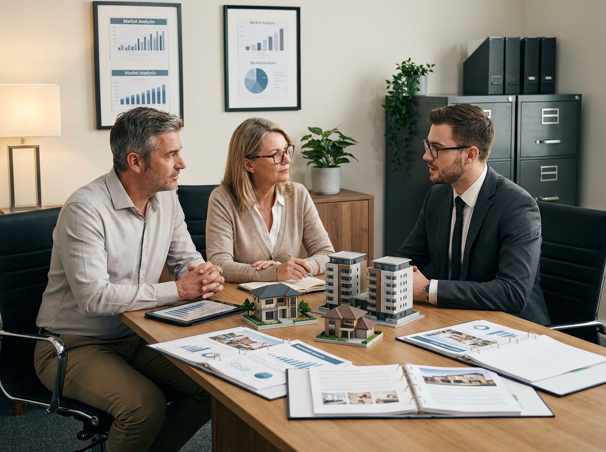 Couple consultant un conseiller immobilier pour investir dans un bien locatif avec modèles et documents