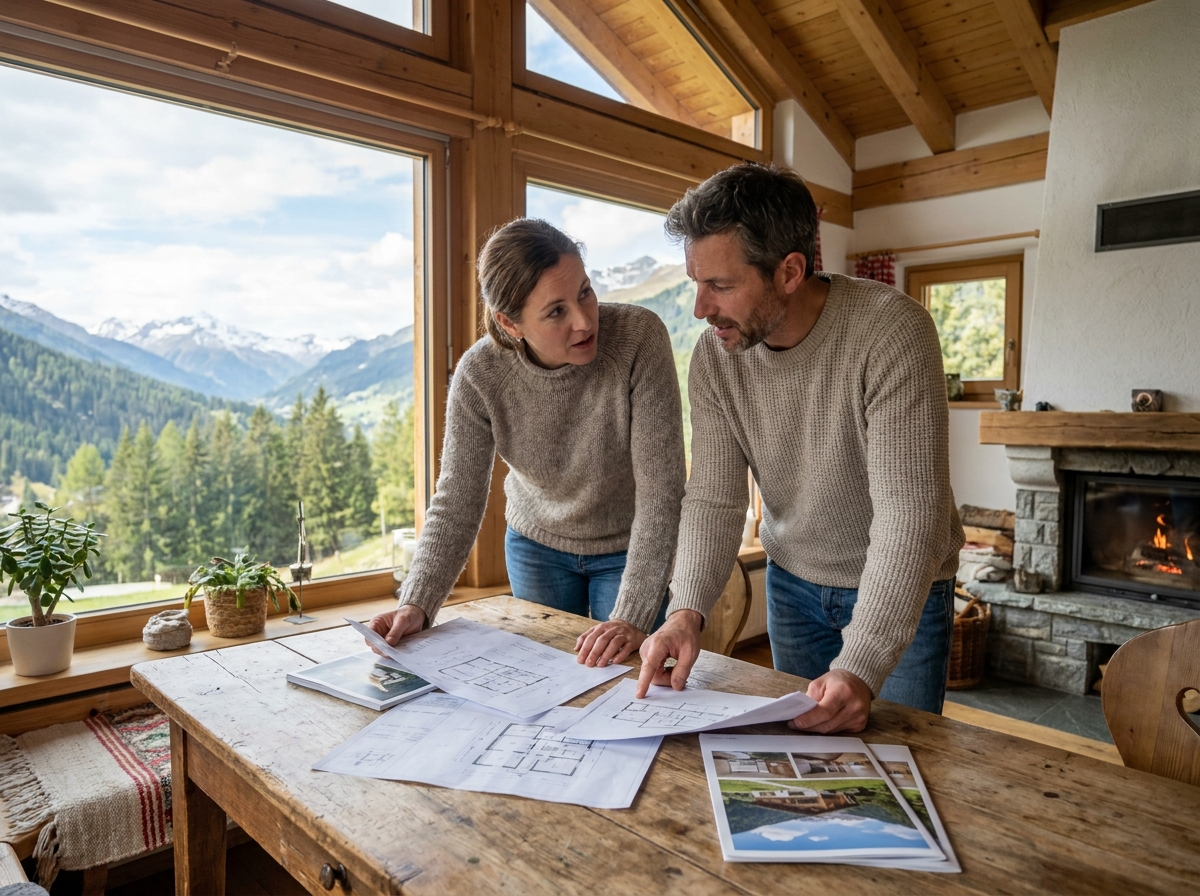 Couple examinant des documents immobiliers dans un chalet de montagne avec vue panoramique, décision d'achat ou location guidée par une agence locale