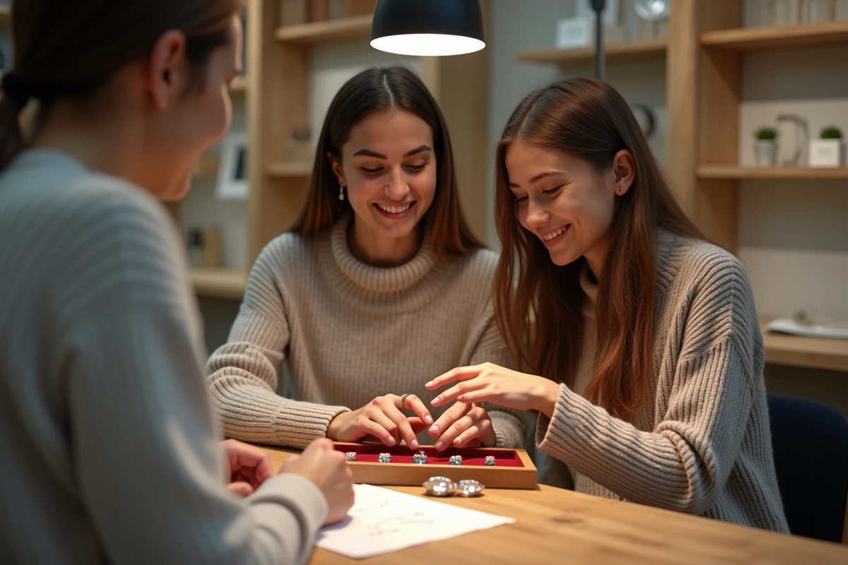 Couple découvrant le prototype en cire de leur bague de fiançailles personnalisée lors d'une consultation chez un joaillier