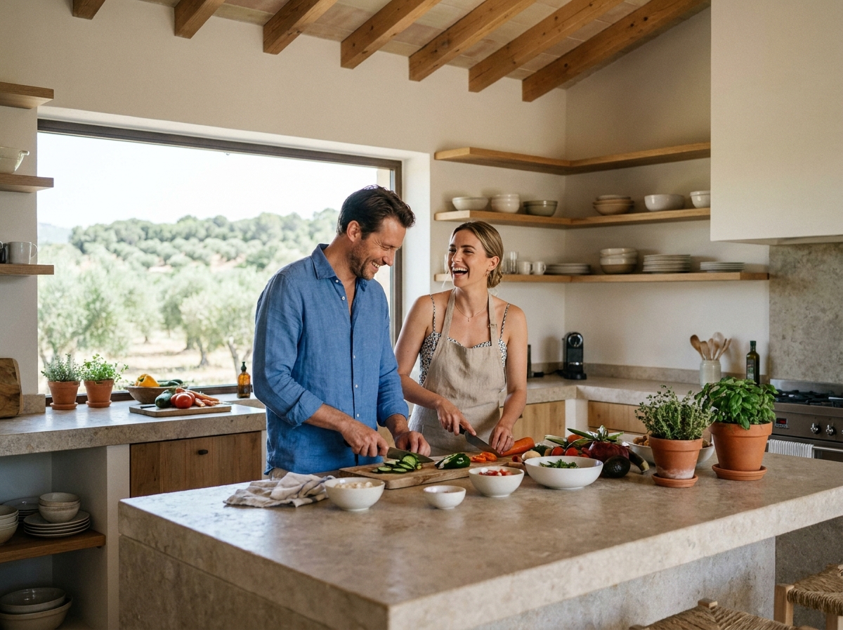 Couple cuisine villa Ibiza cuisine ouverte confort authentique