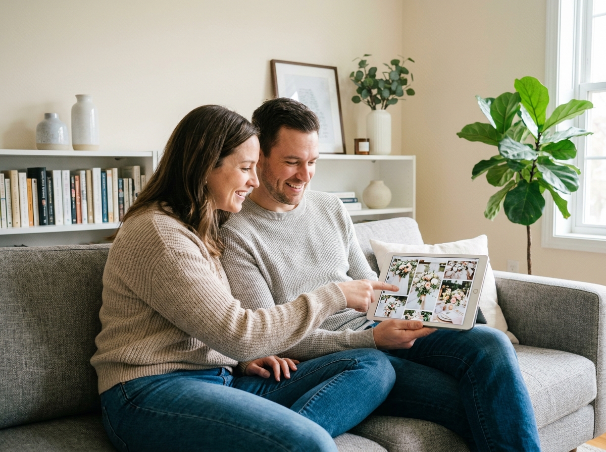 couple regardant ensemble des idées décoration mariage sur tablette tactile dans leur salon moderne
