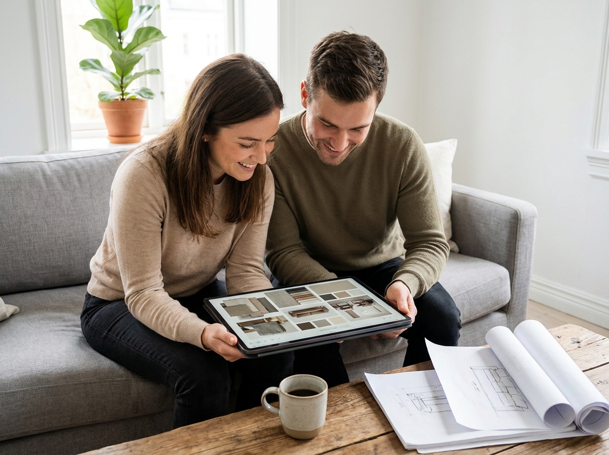 Couple planifiant les décorationen ligne de leur mariage sur tablette avec budget économique