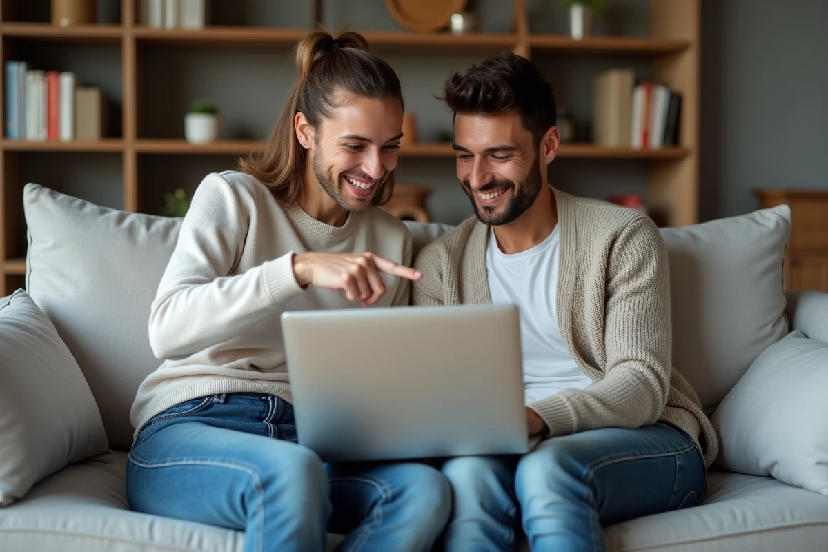 Couple recherchant les démarches en ligne pour bénéficier de la prime rénov sur leur ordinateur