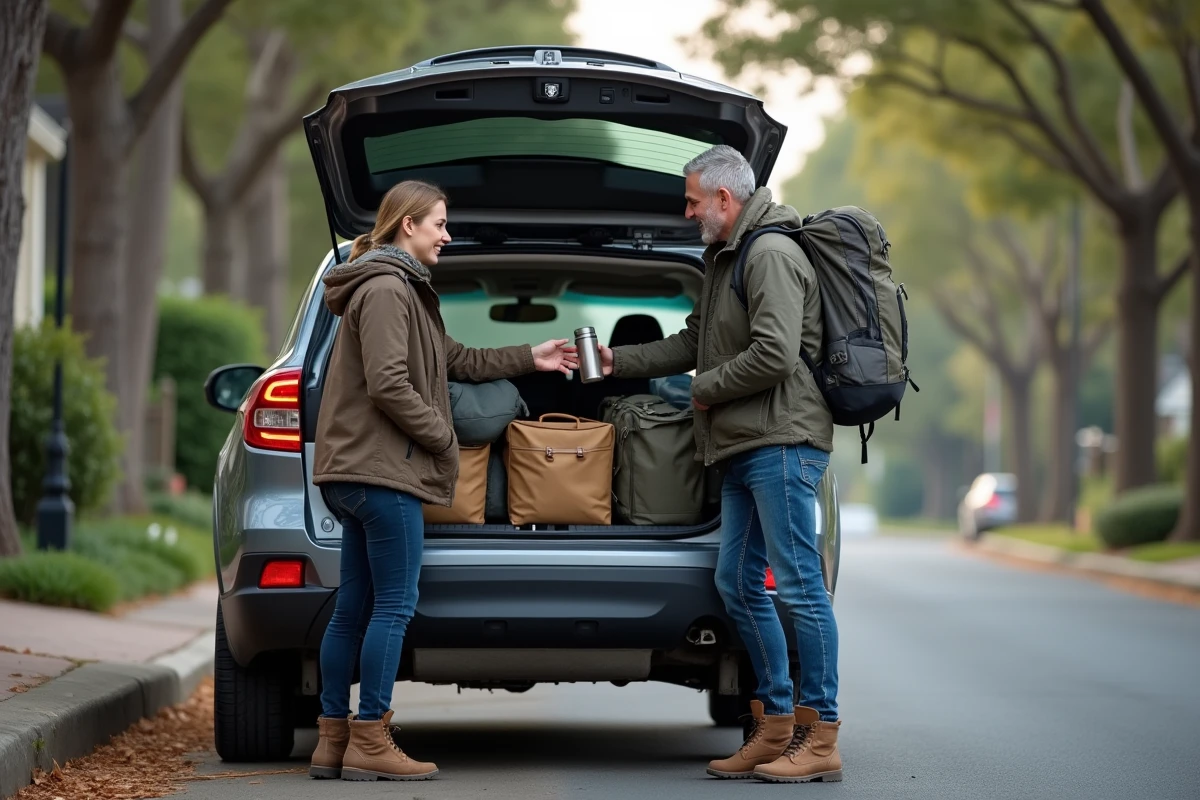 Couple chargeant un SUV pour un départ en road trip libre sur une route de quartier arborée
