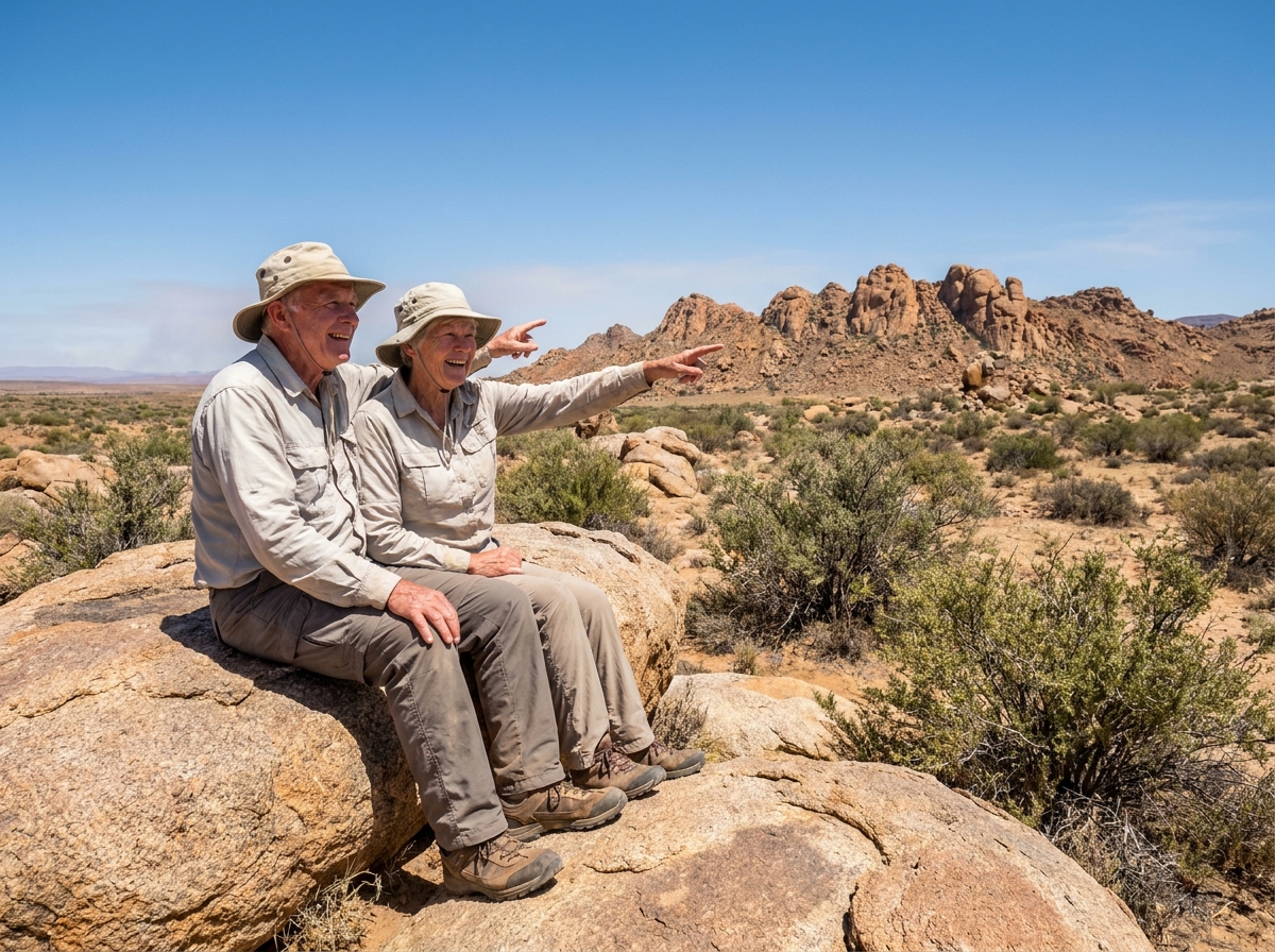 Couple de voyageurs matures découvrant les paysages désertiques du Karoo en Afrique du Sud