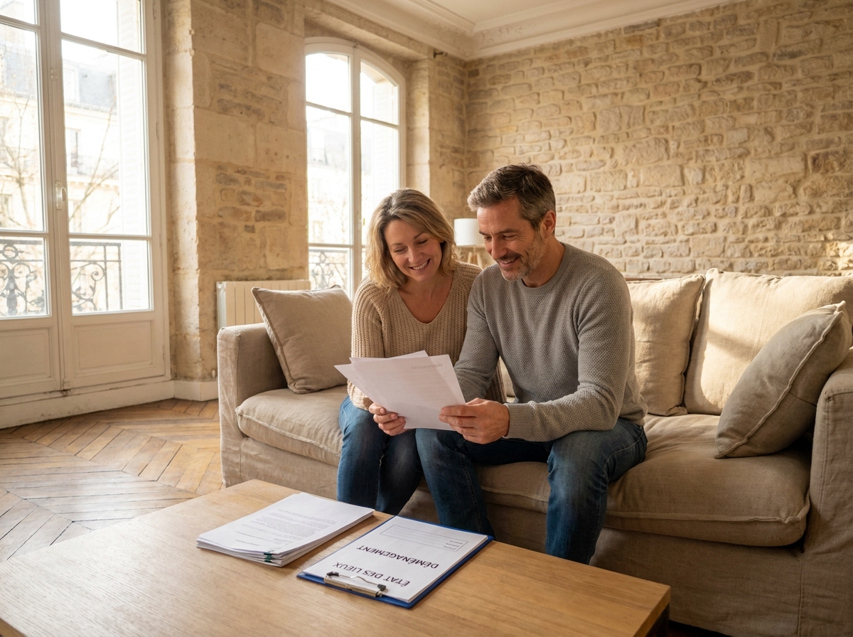 couple consultant documents déménagement dans salon moderne neuilly-sur-seine ambiance sérénité