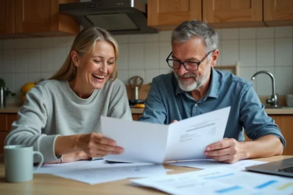 Un couple examine des documents de rénovation et consulte MaPrimeRénov sur un ordinateur portable dans leur cuisine