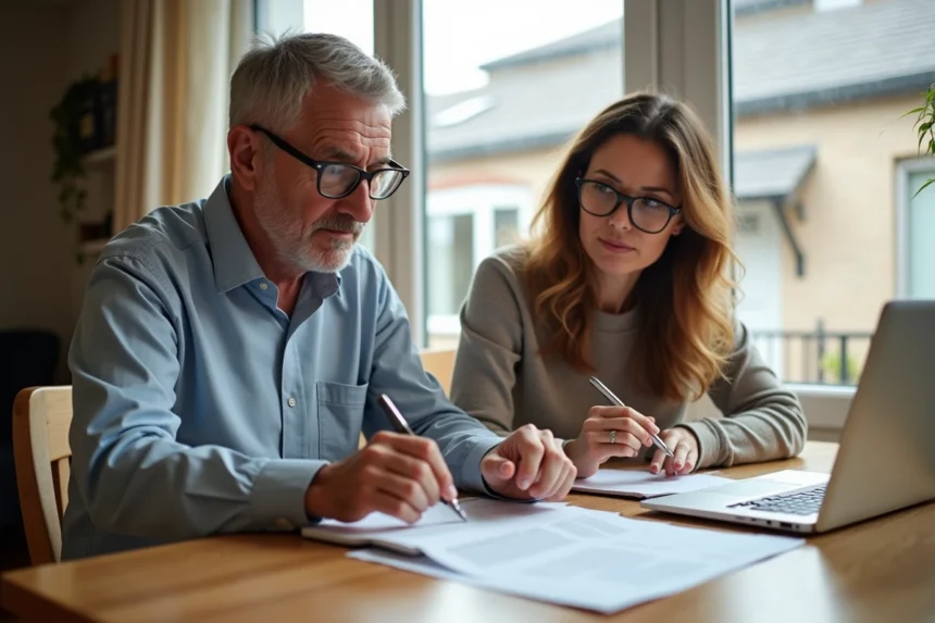 Couple examinant des documents pour créer une SCI familiale à table avec ordinateur portable