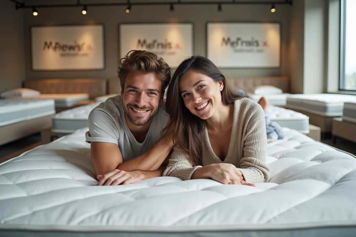 couple allongé sur un matelas dans un showroom pour tester le confort et la qualité