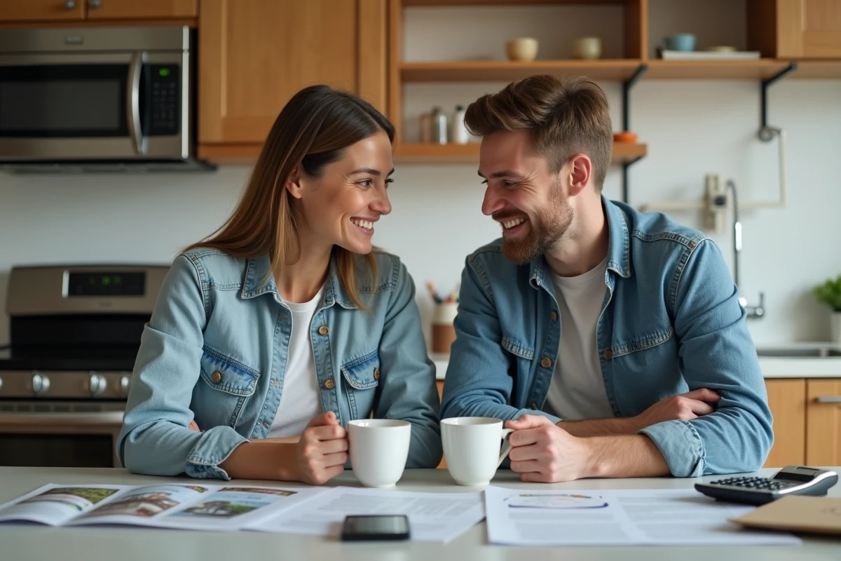 Couple consultant ensemble des documents d'investissement et stratégie financière à la maison avec cahier de notes et calculatrice