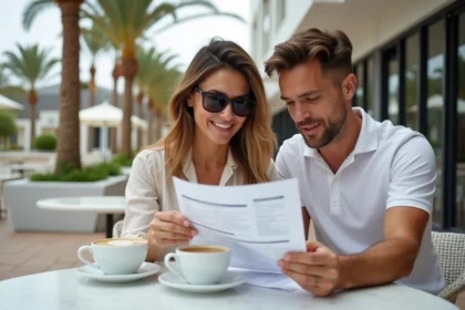 Couple consultant un itinéraire de voyage aux Émirats arabes unis dans un café de luxe à Dubaï, avec terrasse moderne et palmiers en arrière-plan
