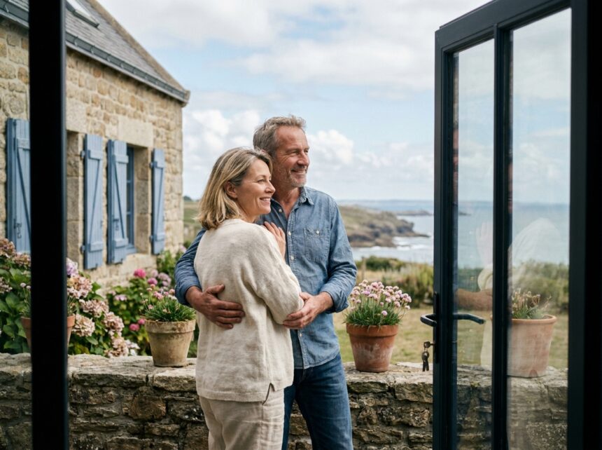 Couple heureux sur terrasse en pierre d'une maison familiale bretonne avec vue sur la côte atlantique et fleurs sauvages